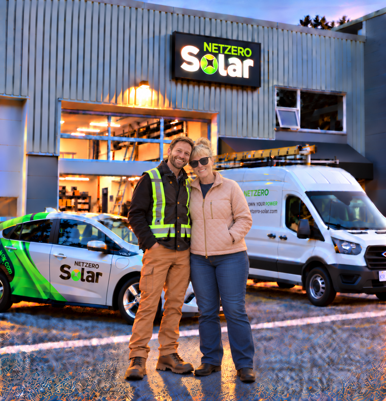 Historical photograph outside NetZero Solar shop at dusk, with the founder and a colleague. Prior business experience, not a Made on Merit customer or endorsement.